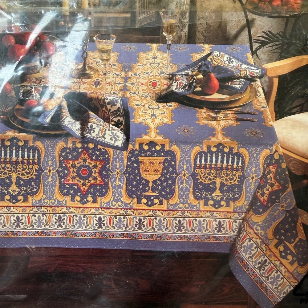 Vintage Wilton Court Hanukkah Tablecloth 52x52 Menorah Star of David Blue Gold